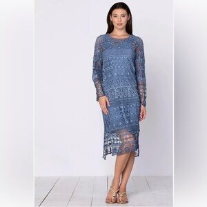 XCVI Fonda Crochet Midi Dress in Blue Lace sz L.